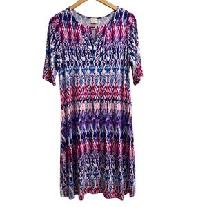 Chicos Dress Medium Pink‎ Blue Ikat Print Jersey Short Sleeve Sheath Dress